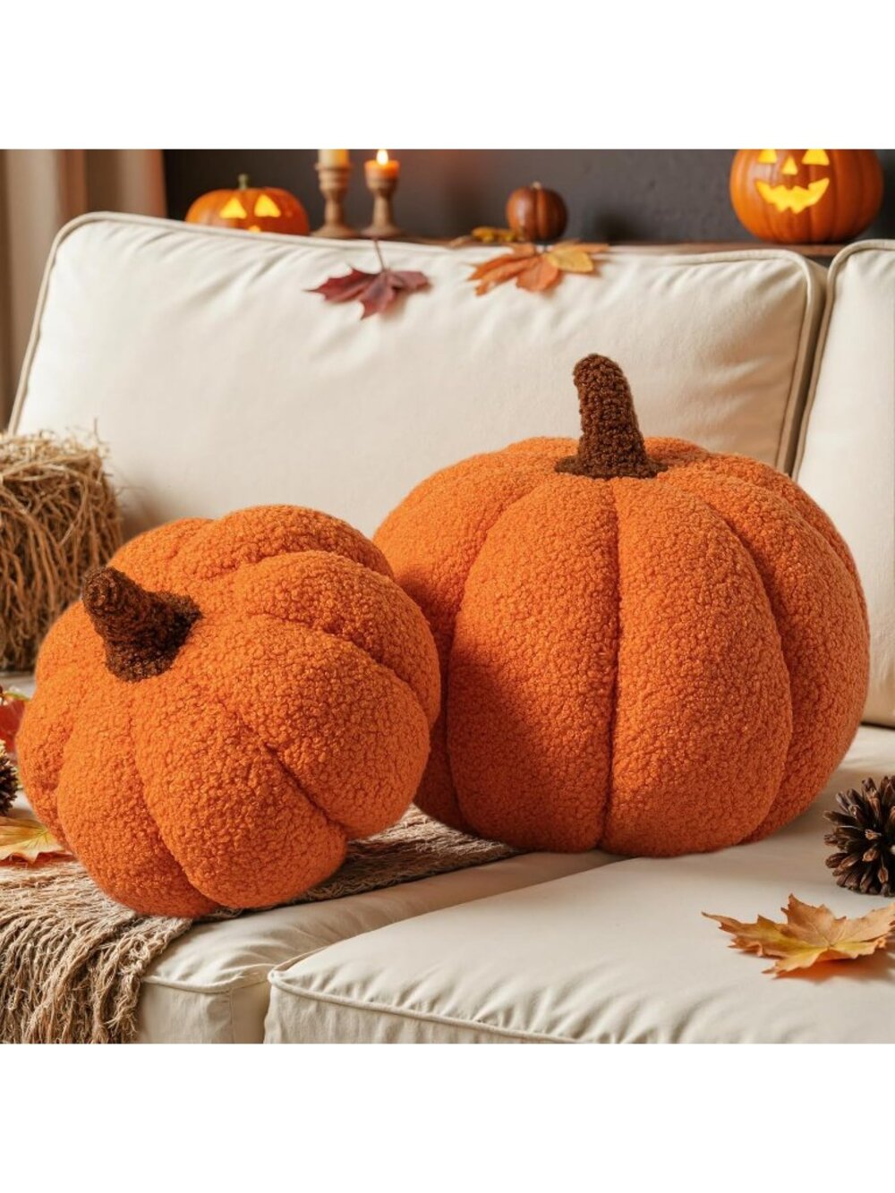 Set of 2 Orange Fall Pumpkin Pillows Halloween Decoration Soft Fleece Sherpa